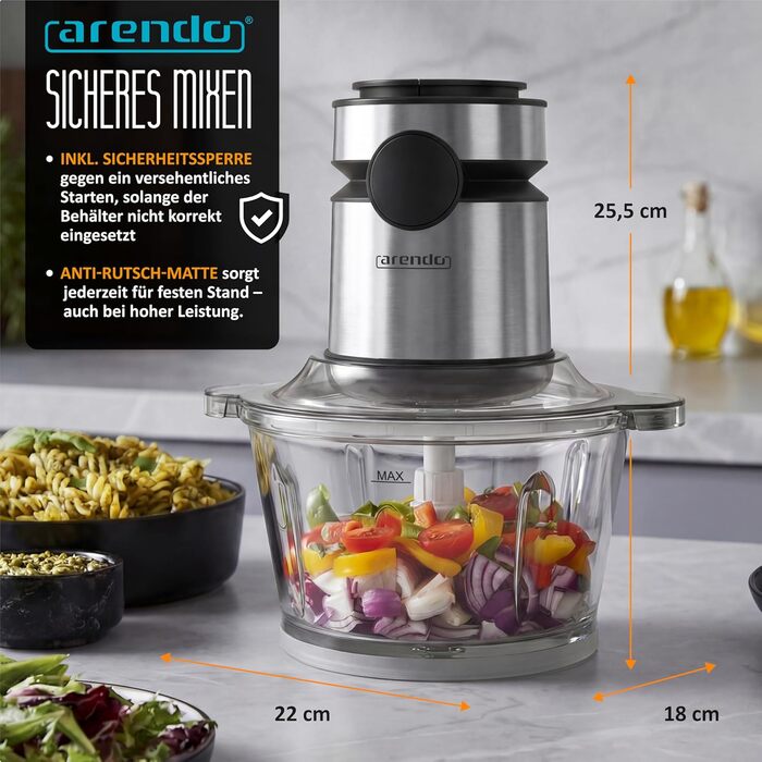 Електричний подрібнювач Arendo з нержавіючої сталі, 500 Вт, об'єм 2 л, для м'яса, горіхів, фруктів, овочів та іншого