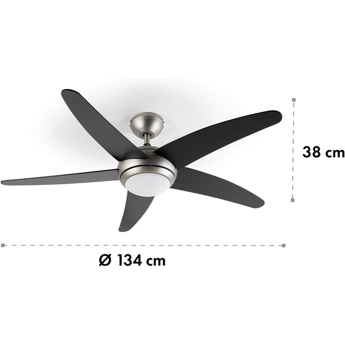 Вентилятор стельовий Klarstein Bolero 134 см з підсвічуванням, 55W, дерев'яні лопаті, пульт, 50 dB, 3 швидкості (Чорний)