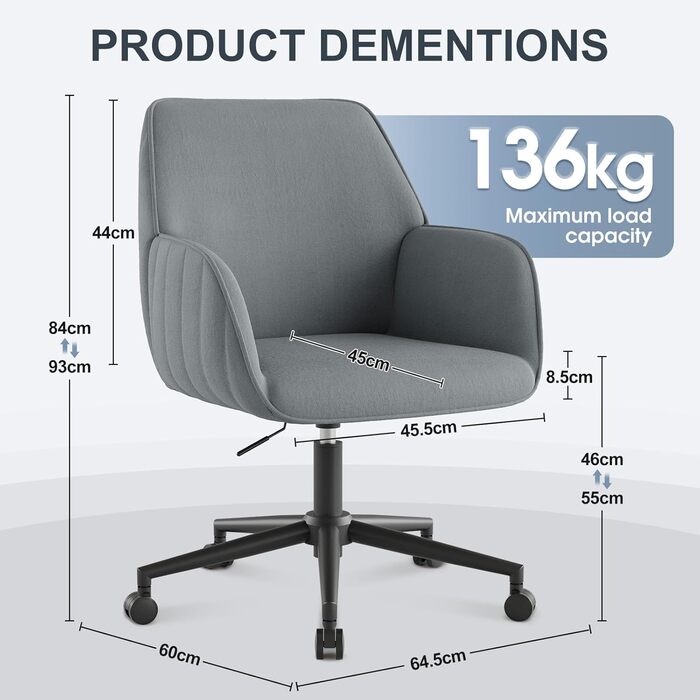 Офісний стілець для дому та офісу до 136 кг, обертовий, оксамитовий, з підлокітниками та колесами, ергономічний, сірий