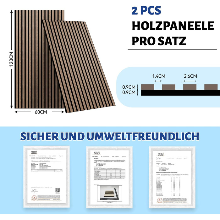 Акустичні панелі AKK-STAR з дерева (набір 2 шт), 1200x600x18 мм, 1.44 м² — 3D стінові панелі для шумоізоляції та декору вітальні та офісу, колір чорний горіх