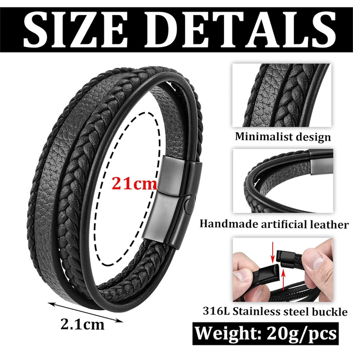 Чоловічий шкіряний браслет, чорний, коричневий, синій, плетений, 21 см, подарунок для чоловіка, на День батька