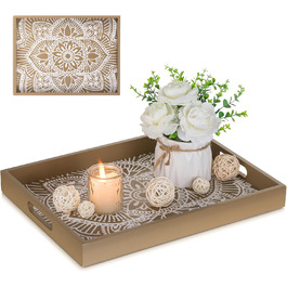 Hanobe Wooden Tray Rectangular Decorative Serving Tray: Boho Decorative Tray Flowers Wood Tray with Handle Brown Small Candle Trays Farmhouse Candle Tray for Coffee Table Tealight Kitchen Table