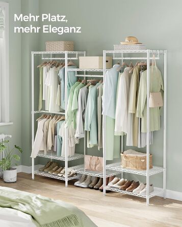 SONGMICS Clothes Rack, Open Wardrobe, Metal Coat Rack, Coat Stand with Adjustable Shelves and Clothes Rails, Hooks, High Load Capacity, Detachable, Cloud White LGR431W01