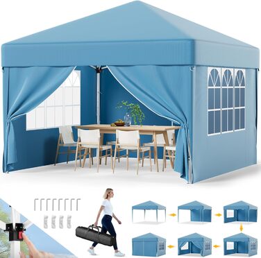 Devoko Gazebo, 2x2 Gazebo Waterproof Stable Winterproof, 3-Height Adjustable, Folding Gazebo UV Protection 50+, Folding Tent Foldable, Gazebo with Carry Bag, For Garden Outdoor Camping, (3*3m 4 Side Walls, Blue)