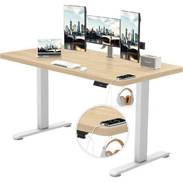 Електричний регульований стіл TRIUMPHKEY 140x70 см з USB, 3-позиційна пам’ять, антиколізійна система, стіл для комп’ютера, клен+білий