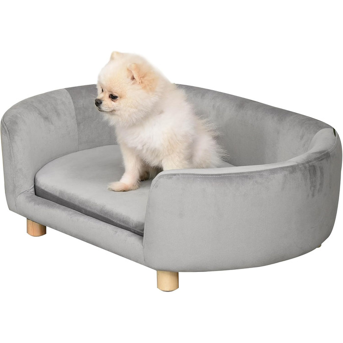 PawHut Софа для домашніх тварин: ліжко для собак та котів з голландського оксамиту, піна, ніжки з берези, 86 x 55 x 33 см, світло-сіра