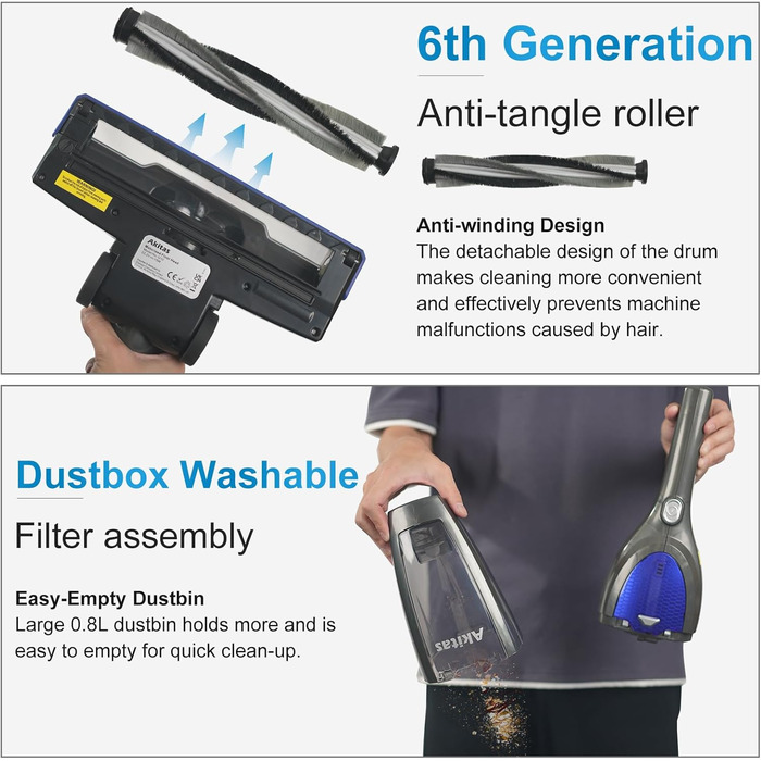 Акіта Бездротовий акумуляторний пилосос 3 в 1: ручний та вертикальний. Легкий, 22.2 В, 150 Вт, для підлоги, килимів, шерсті тварин. (AKU10)