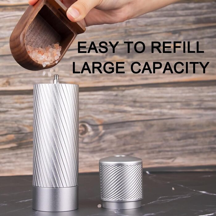 Homnoble Professional Salt Mill, High-Performance Manual Metal Salt Mill, Robust Refillable Salt Mill with 12 Adjustable Coarseness Settings and Ceramic Grinder
