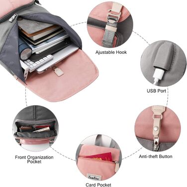 Жіночий рюкзак YAMTION з відділенням для ноутбука 17 дюймів, USB-порт, рожевий | Шкільний рюкзак для підліток та студентів