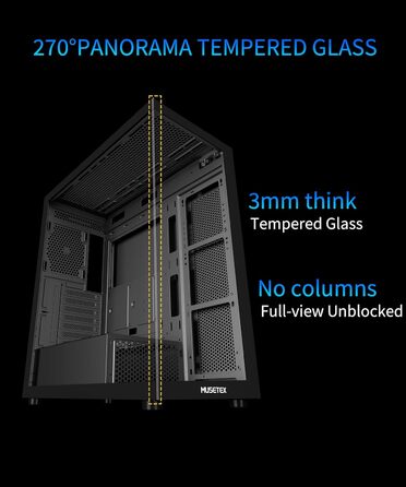 Корпус ПК MUSETEX K2: Mid Tower ATX з 7 PWM ARGB вентиляторами, подвійне панорамне скло, Type-C, чорний (42,5 x 21,2 x 47 см)