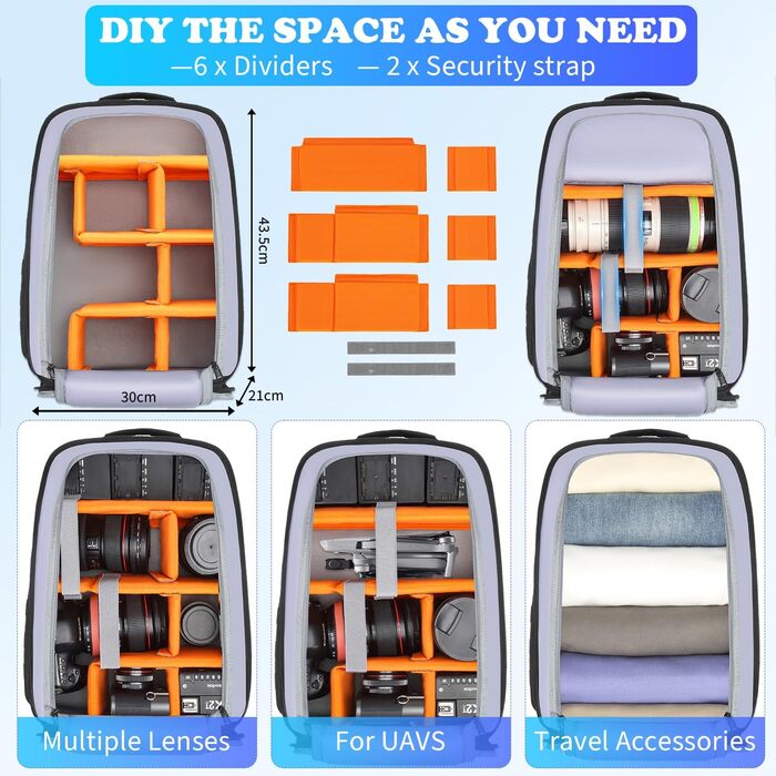 Рюкзак для камери FRETHIND: водонепроникний фоторюкзак для Canon, Nikon, Sony, дрона, об'єктива та ноутбука (з дощовиком), чорний