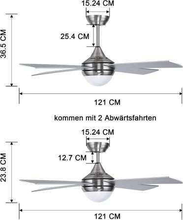 Стеляний вентилятор Ovlaim 122 см з LED-підсвічуванням та дистанційним керуванням, коричнева лампа, 6 швидкостей, DC мотор, тихий, для спальні/тераси (сріблястий)