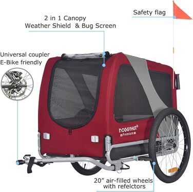 DOGGYHUT® Преміум великий велосипедний причіп для собак 2 в 1 / візок-бігунок для собак / великий причіп для собак, 270 л, до 35 кг (червоний / чорний)