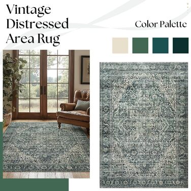 Килим миючий, з штучної вовни, світло-бежевий, для дому, під ліжко, до спальні, обідньої кімнати, під стіл, 2' x 6' (Прямокутний), темно-зелений