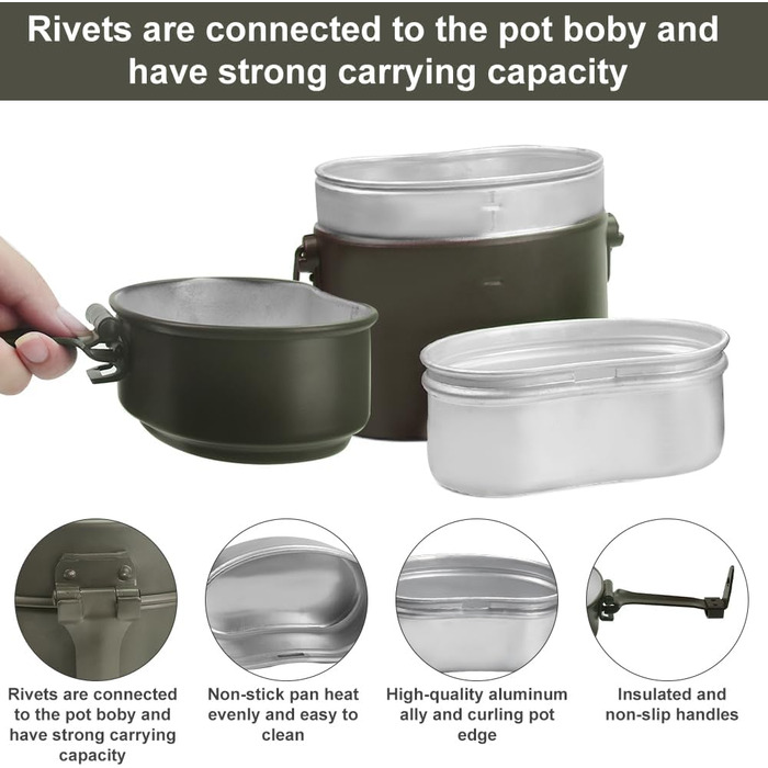 Набір посуду Bundeswehr: термостійкий, для кемпінгу, приготування їжі на відкритому повітрі, з алюмінію, для виживання, армійського користування. Включає столові прибори з відкидним ручками.