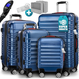 Набір валіз MONZANA® 4шт з органайзером, вагами, ременем, гелевими ручками, колесами та підставкою. Чотири розміри (S, M, L, XL). Валіза-тролей, жорсткий корпус, блакитний колір.