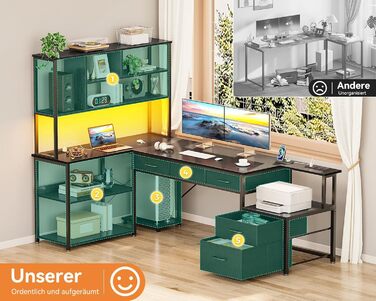 Комп'ютерний стіл Coleshome з 5 ящиками та 4 полицями, 180x100 см, L-подібний, з LED-підсвічуванням, розетками та USB, для дому/офісу, білий/чорний