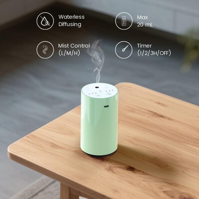 Дифузор для ефірних олій Cavir без води, портативний міні-розпилювач аромату, USB-зарядка, 1/2/3 години таймер, 3 рівні туману для дому, кімнати, авто, офісу (зелений)