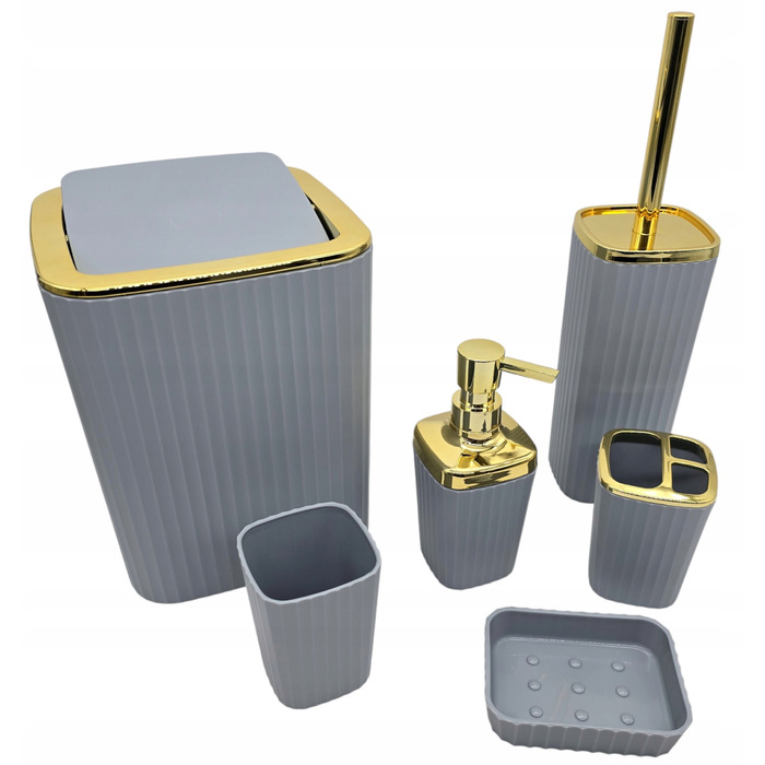 Набір аксесуарів для ванної кімнати та туалету (6 предметів): дозатор, кошик, йоржик — Золотий