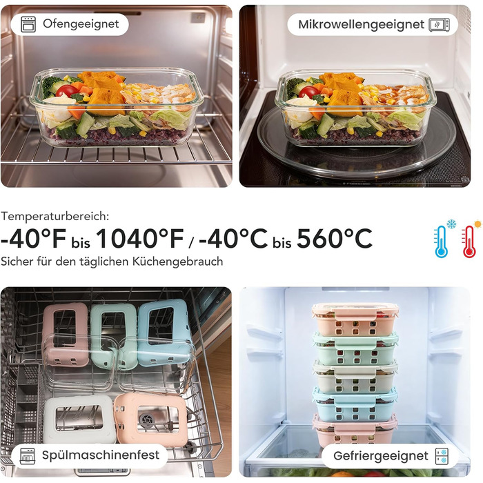 Скляні контейнери для зберігання їжі з кришками набір (meal prep) - герметичні, для мікрохвильовки, духовки, морозилки та посудомийної машини, для сім'ї, офісу, кухні, кольорові
