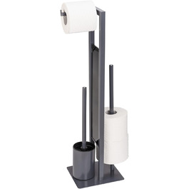 WENKO Stand WC-Garnitur Rivalta, freestanding toilet set with toilet brush, toilet paper and spare roll holder, matt lacquered steel, safety glass splash plate, 18 x 70 x 23 cm, Grey Grey/Black/Black