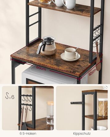 Стелаж кухонний VASAGLE з розетками, 6 полиць, гачки, сталевий каркас, 40x60x167 см, золотий дуб + білий