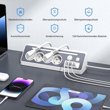 Мережевий фільтр з USB та Type-C, 4 розетки, 16A, 3680W, з вимикачами, захист від перенапруги, білий