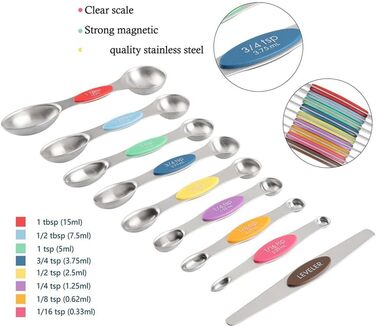16-Piece Stainless Steel Measuring Cup and Spoon Set, 7 Sturdy Cups, 8 Double-Sided Spoons with Leveler, Multicolored