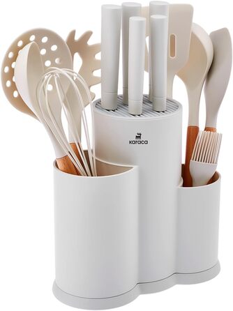 Набір ножів Karaca Gusto 12 шт. з дерев'яним обробним ящиком та кухонними аксесуарами. Ножі з нержавіючої сталі, ергономічні ручки, чорний (кремовий)