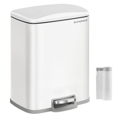 Сміттєвий відер SONGMICS для кухні на 48 л, вузький педальний смітник зі сталі з Soft-Close кришкою та внутрішнім відром, серія PLUSHIC, білий