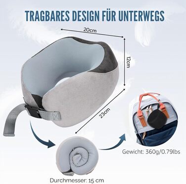 Подушка для подорожей Euqvunn з ефектом пам'яті (Memory Foam), ергономічна подушка для шиї в літак з охолоджуючим льодяним шовком та сумкою для зберігання, сіра