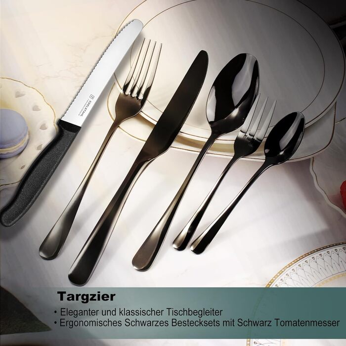 Набір столових приборів на 6 осіб, Targzier, 36 предметів, нержавіюча сталь, з ножами для стейка, преміум-якість, для сім'ї/вечірки/готелю, чорний колір, придатний для миття в посудомийній машині
