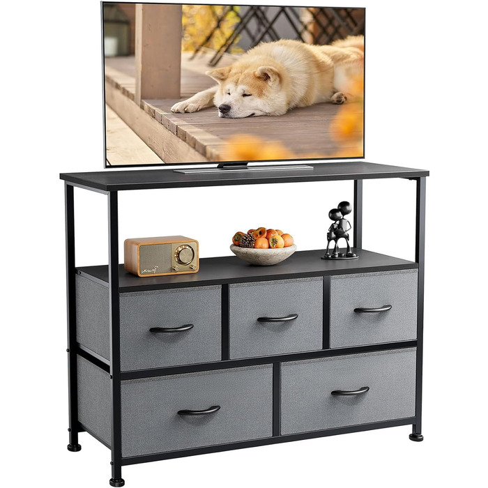 DUMOS Chest of Drawers with Drawers - Chests of Drawers & Sideboards for Bedrooms. Suitable, Chest of Drawers with 9 Drawers, Fabric Chest of Drawers with Sturdy Steel Frame, Ideal for Bedrooms, Living Rooms (Black) (5 TV Drawers Gray)