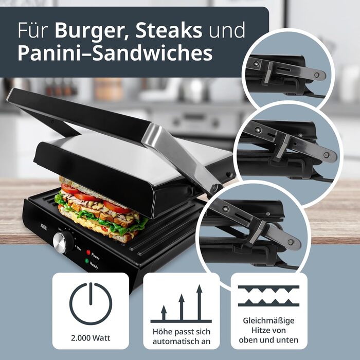 ADE Contact Grill 2.000 Watt | Non-stick coated sandwich maker 3 in 1 | Panini toaster & table grill electric 180° foldable | for sandwiches, toast, steaks, vegetables, panini | Stainless steel silver