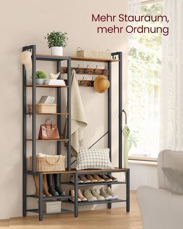 VASAGLE Coat Rack with Shoe Bench, Coat Rack, 5 Shelf Levels made of Particleboard, 9 Triple Hooks, 6 Side Hooks, 40 x 120 x 190 cm, Stone Gray-Ink Black HSR426B04 (Vintage Brown + Ink Black)