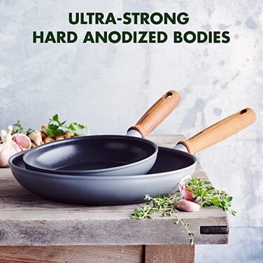 GreenPan Mayflower Pro Hard-Anodized Ceramic Non-Stick Coating, 5-Piece Cookware Set, Vintage Wood Handle, PFAS-Free, Induction-Compatible, Charcoal Gray Cookware Set 5-Piece