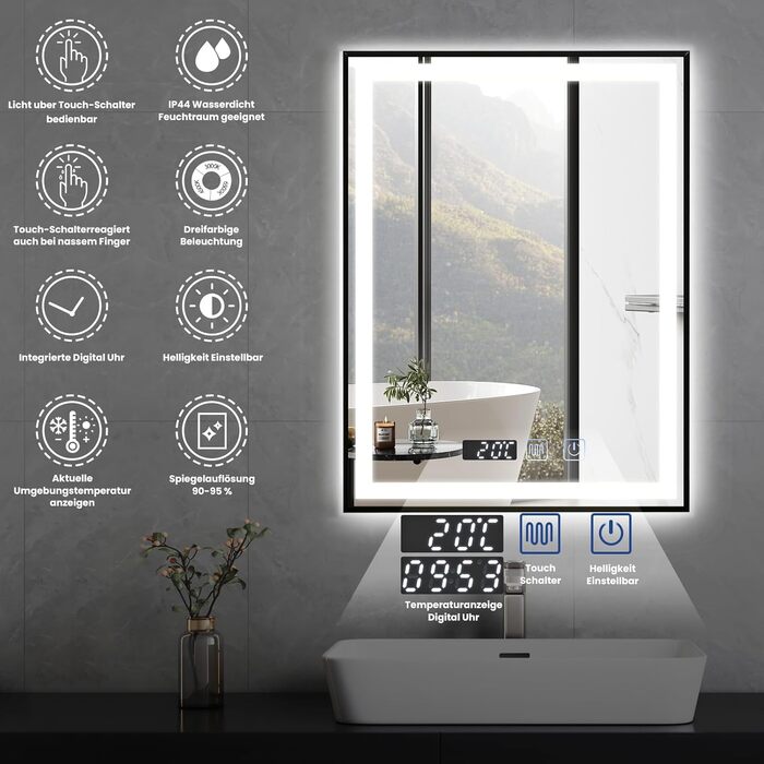 Дзеркало YOURLITE з підсвічуванням 70x50 см, LED дзеркало для ванної кімнати з сенсорним вимикачем, годинником, 3 кольори світла, регулювання яскравості, антизапарник, пам'ять, срібний (чорний, 80x60 см)