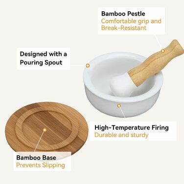 Ступка керамічна з товкачиком на бамбуковій підставці 12 см для спецій та трав - Млинок для перцю, ванілі, морської солі