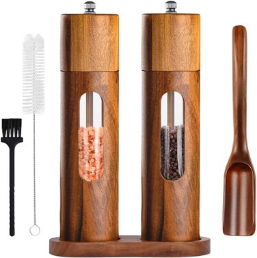 Механічна водяна млин для перцю та солі, набір 2 шт. з регулюванням помелу, керамічний жорно, з підставкою, 21.5 см