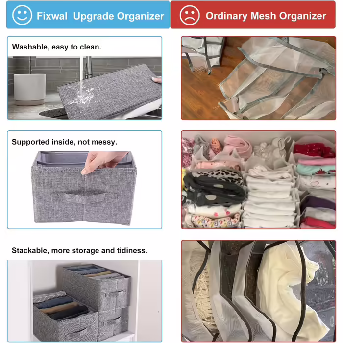 4 Piece Closet Clothes Organizer with Support Board, Foldable Jeans Organizer for Drawers, Washable Compartments, Closet Organizer and Storage Baskets for Jeans, 5 + 7 Grids, Grey (4 x 5 Compartments)