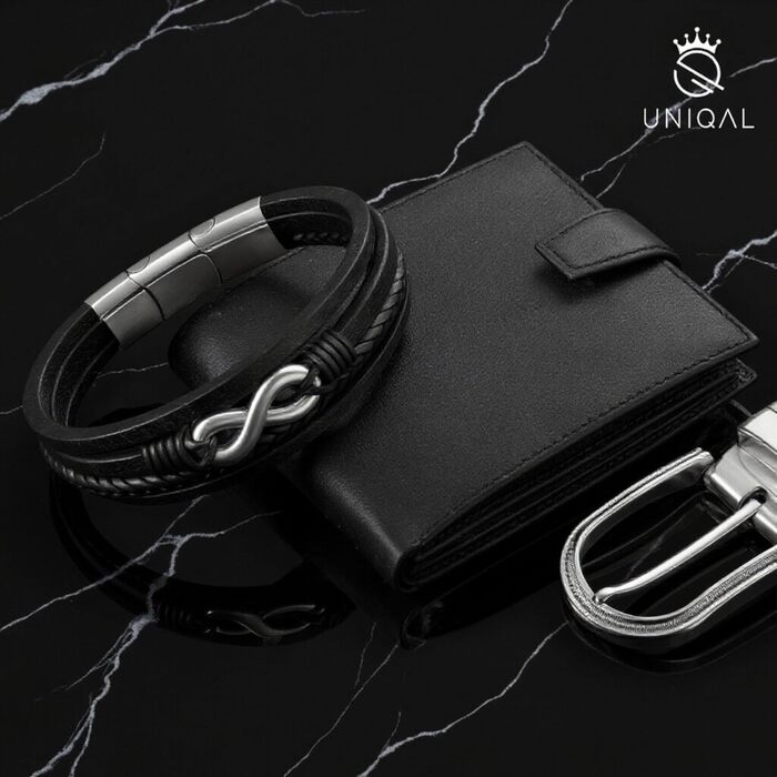 Браслет шкіряний UNIQAL 'ETERNAL' - нескінченність, срібний, 19 см, з магнітним застібкою, в подарунковій коробці