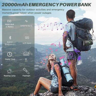 Радіо на механічному заводі DAB+ FM 20000mAh, Аварійне радіо DAB+ з сонячною панеллю та Bluetooth, Радіоліхтарик з зарядкою для телефону та компасом для виживання (Зелений)