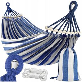 Гамак KRUMAD 260 см, до 250 кг, вологостійкий, бавовна-поліестер, для саду, балкону, кемпінгу, з дерев'яними розпірками та сумкою (блакитно-білий, без каркасу)