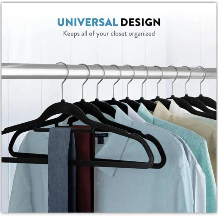 50 шт. Чорні велюрові вішалки для одягу з нековзким покриттям, для костюмів та краваток, з поворотним механізмом 360°, сріблясті