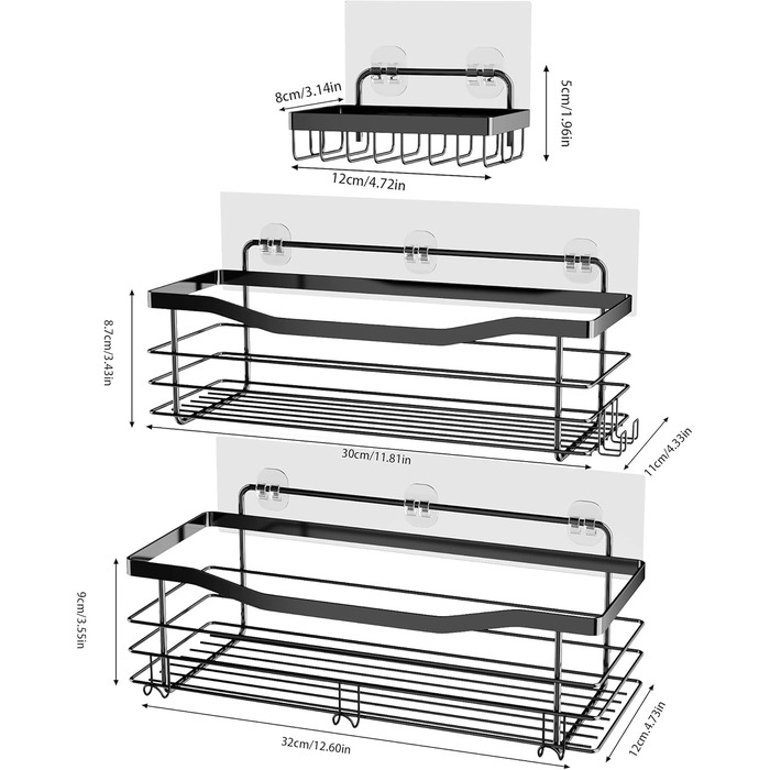 Набір душових корзин з полицями та гачками Orimade (3 шт., чорний) - нержавіюча сталь SUS304, без свердління