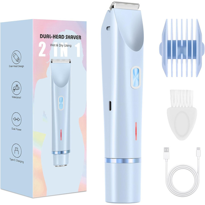 Електричний жіночий епілятор 2-в-1 з USB-C зарядкою, для обличчя, ніг та рук, вологостійкий тример, легко чистити (блакитний)
