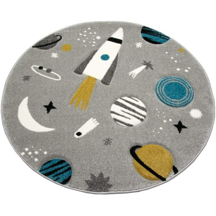 Merino Kids Space Learning Rug with Spaceship, Stars, and Planets in Gray, Size 200 x 290 cm