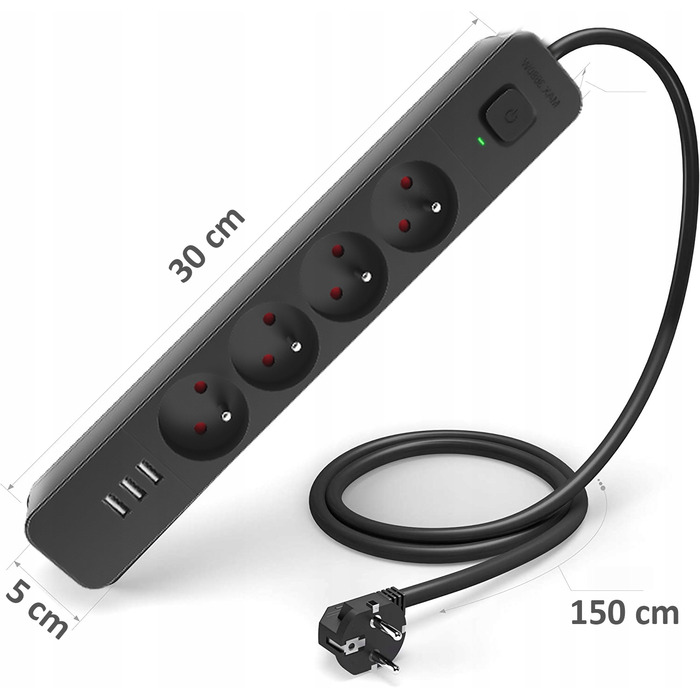 Мережевий фільтр (подовжувач) з 3 USB-портами, вимикачем та захистом від перенапруги, 1.5 м