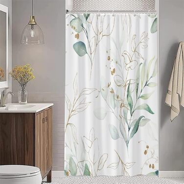 Штора для душу 120x200 см з евкаліптом, антигрибкова, акварель, водонепроникна, поліестер, з гачками для ванної кімнати