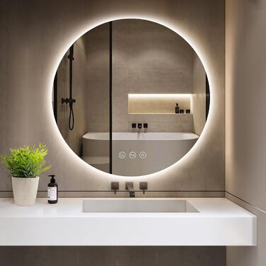 Круглий дзеркало для ванної кімнати з підсвічуванням, 80 см, 3 кольори світла, диммування, антизапар, сенсорне управління, функція пам'яті, LED, енергозбереження